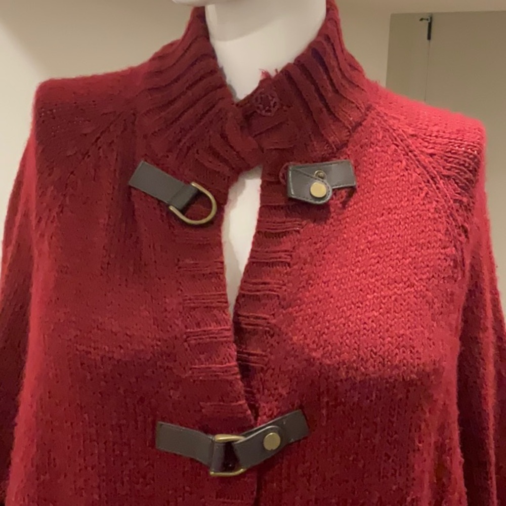Jones New York Deep Red Knit Sweater with Leather Toggle Details